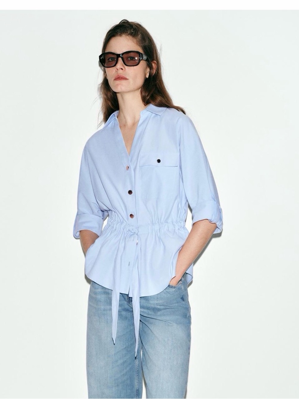 Zara Powder Blue Drawstring Button-Front Shirt